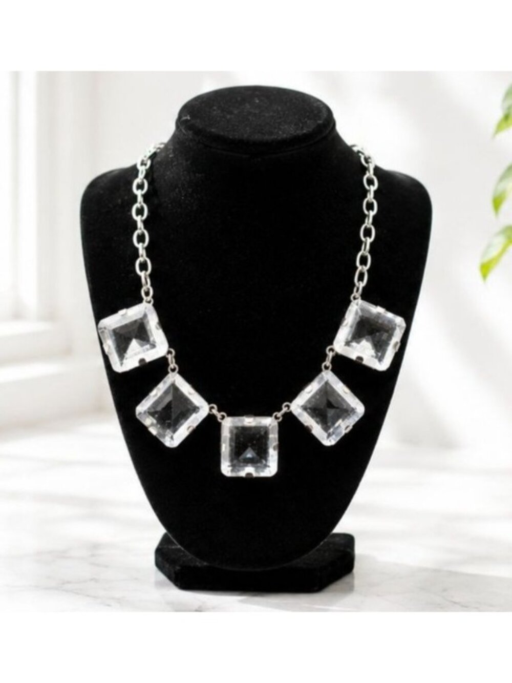 Vintage Square Crystal Statement Necklace with Adjustable Silver-Tone Chain